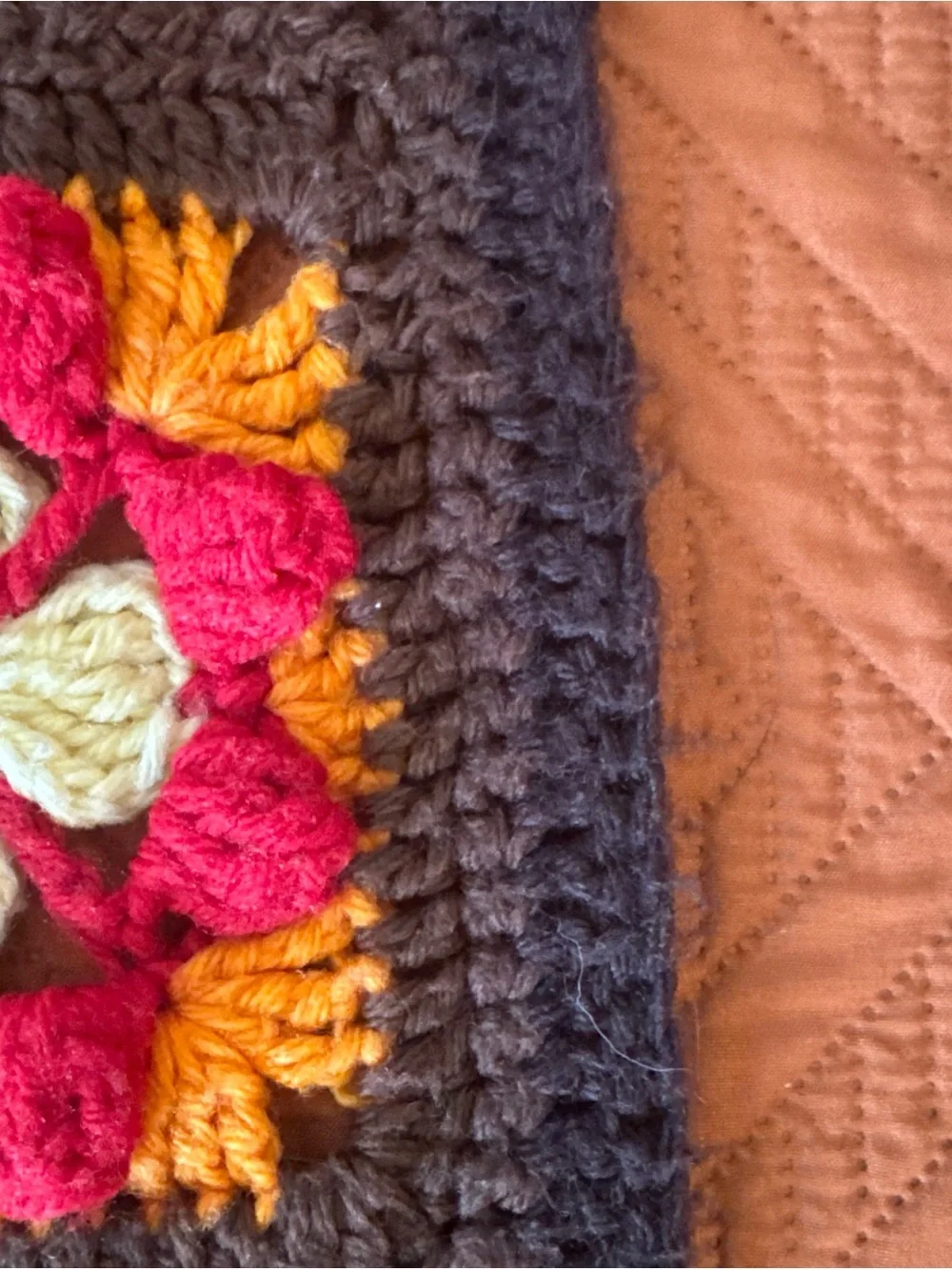 Handmade Crochet Granny Square Afghan Throw 94x51 Floral Brown Red Orange AS-IS